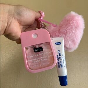 Pink Hand Sanitizer with Hydrating Night Lip Mask, heart keychain